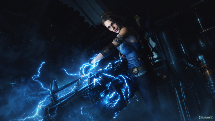 Jill Valentine holding a railgun in Resident Evil 3 Remake