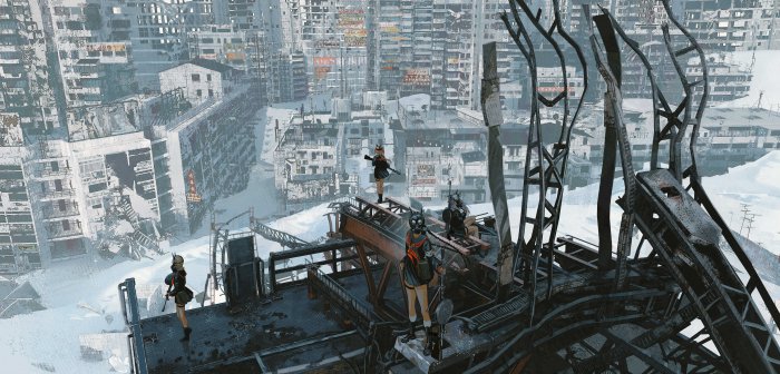 Anime Girls in a Snowy Ruined Post-Apocalyptic City