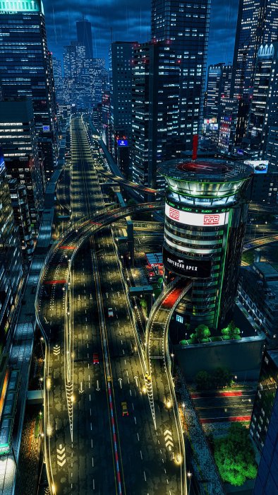 Futuristic City Nightscape with Highways and Skyscrapers