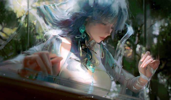 Fantasy Girl with Blue Hair Playing Guzheng