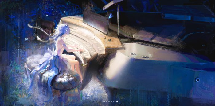 Anime Girl with Silver Hair Playing a Grand Piano