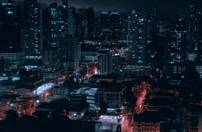City skyline with high-rise buildings at night