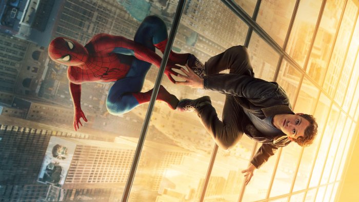 Spider-Man and Peter Parker on a Skyscraper Window
