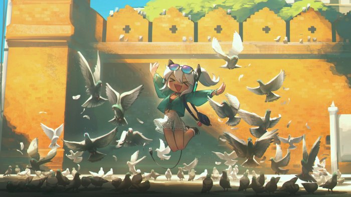 Joyful Anime Girl Jumping Amidst a Flock of Pigeons