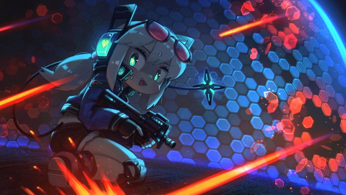 Anime girl with gun behind hexagonal energy shield