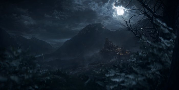 Medieval castle in the mountains under a full moon