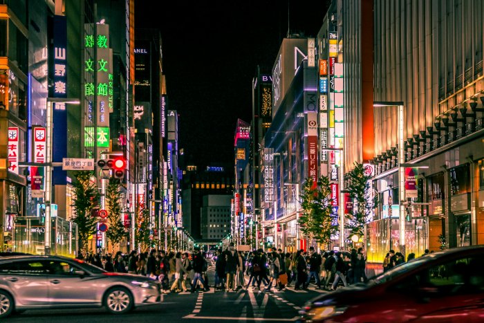Busy Pedestrian Crossing in Ginza Tokyo at Night