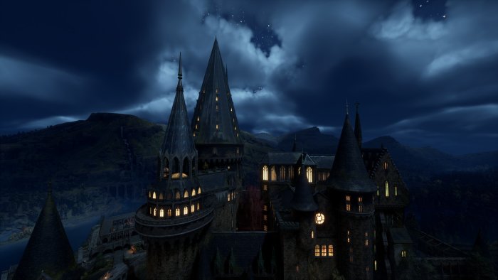 Hogwarts Castle at Night in Hogwarts Legacy
