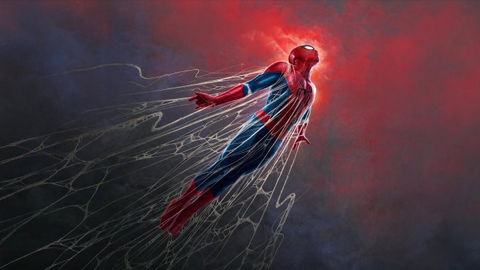 Spider-Man ascending with trailing webs from Marvel Comics