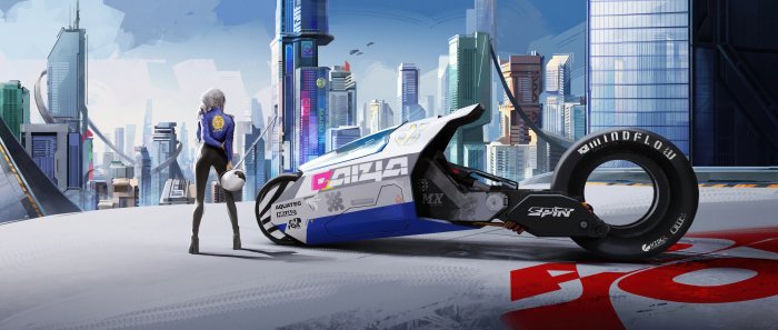 Futuristic Gaiza Motorcycle and Rider in Sci-Fi City