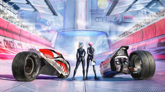 Futuristic female racers with sci-fi racing vehicles