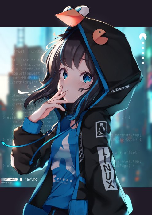 Anime Girl in Linux and Arch Linux Themed Hoodie