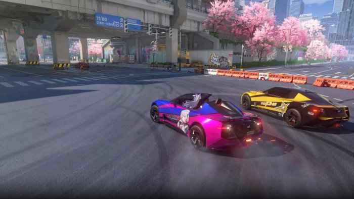 Sports cars drifting on a city street in Ananta