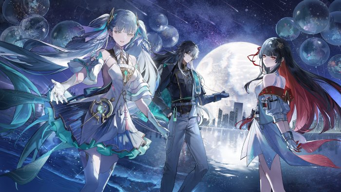 Anime Characters Under a Full Moon with Floating Worlds