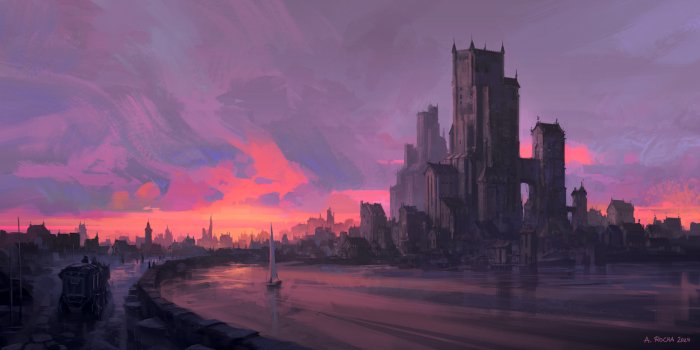 Gothic fantasy city by the river at sunset