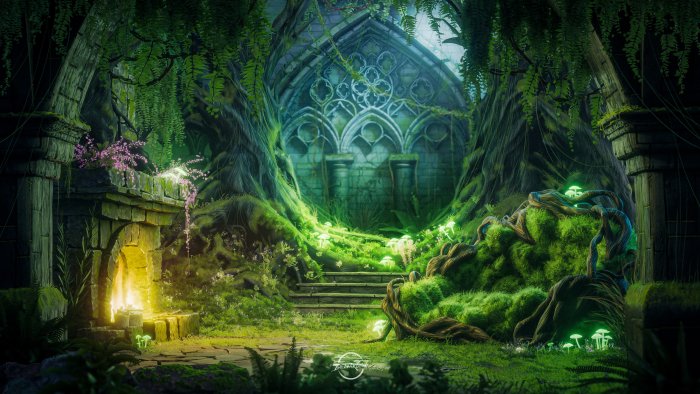 Mystical Forest Ruins with Glowing Mushrooms and Fireplace