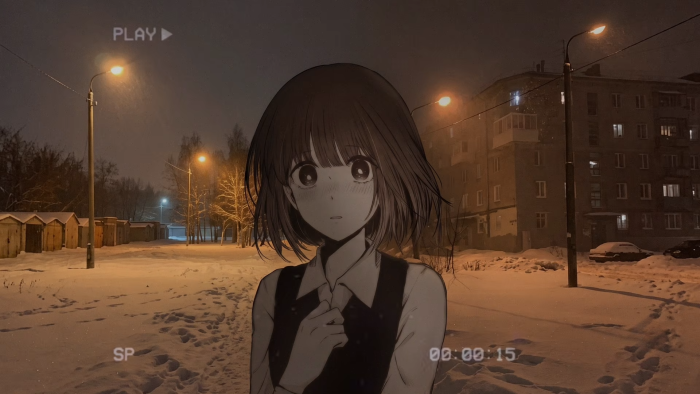 Manga Girl on Snowy Night Street VHS Aesthetic