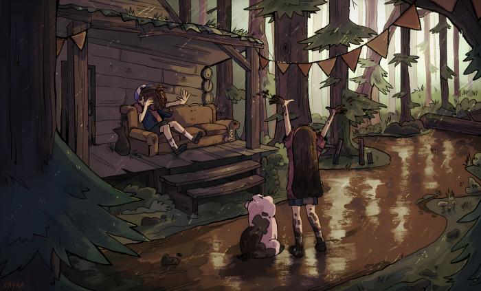 Dipper, Mabel, and Waddles from Gravity Falls in the Rain