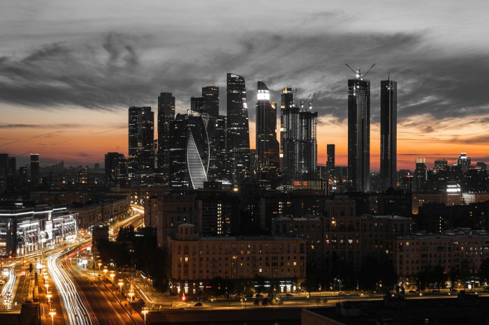 Moscow City Skyline at Sunset with Light Trails