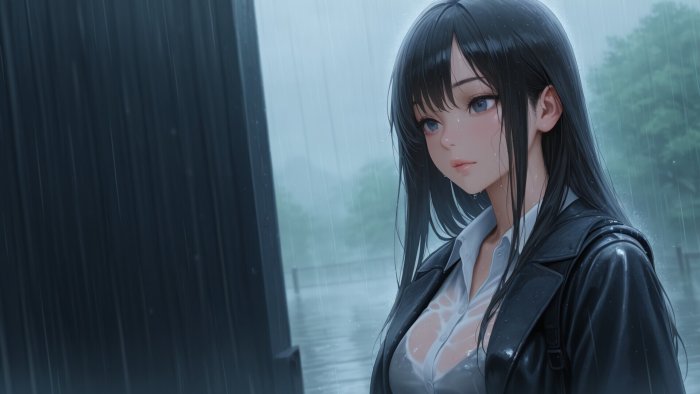Wet anime girl in the rain from Rainy Waifu