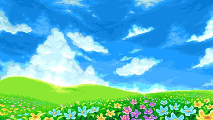 Pixel Art Meadow with Colorful Flowers and Blue Sky