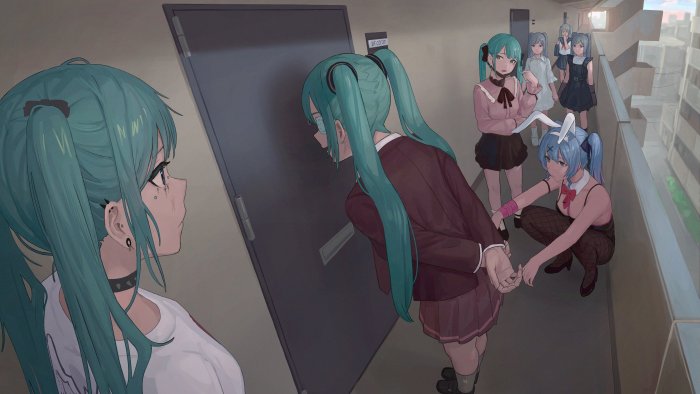 Hatsune Miku DECO*27 Song Versions in Apartment Hallway