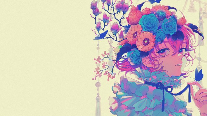 Anime Girl with Flower Crown and Butterflies by Akiakane
