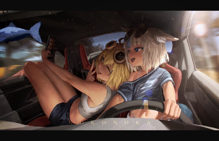 Watson Amelia and Gawr Gura in a Car