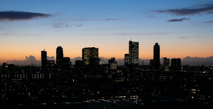 Rotterdam city skyline silhouette at sunset