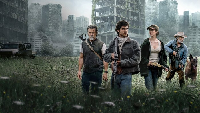 Characters from The Dog Stars in a ruined city