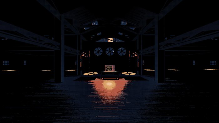 Glowing television in a dark warehouse from Kentucky Route Zero