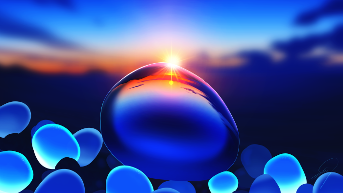 Large Blue Droplet Reflecting a Sunrise