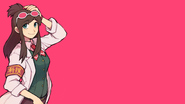 Ema Skye from Ace Attorney on Pink Background