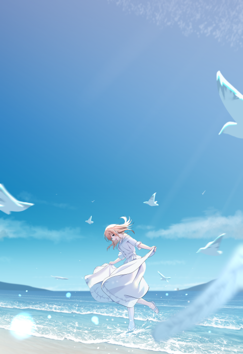 Violet Evergarden running on the beach with seagulls