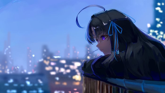 Tsukuyo from Blue Archive overlooking a city at night