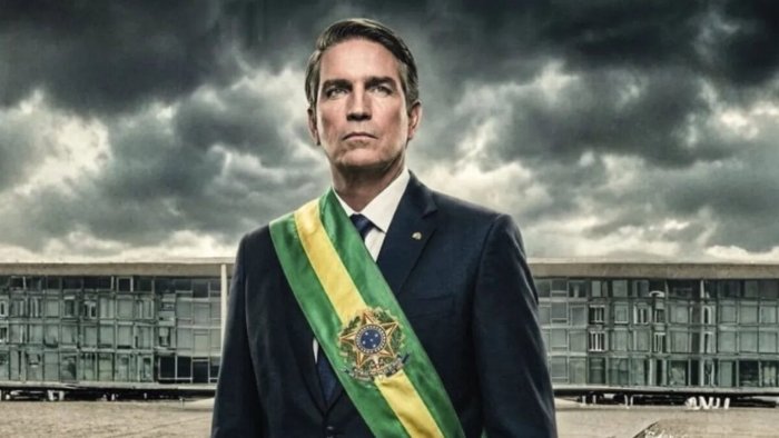 Man in Presidential Sash in Front of Building