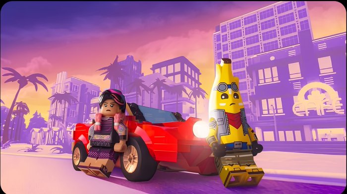 Lego characters in a red car with city background