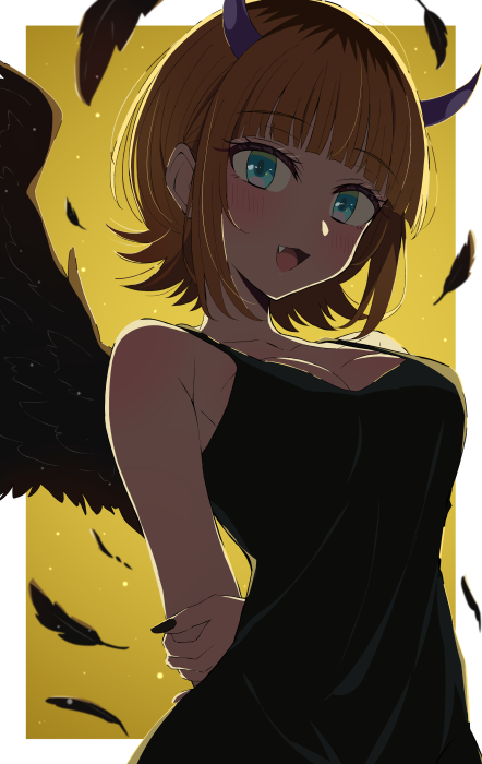 Anime girl with black wings and purple horns