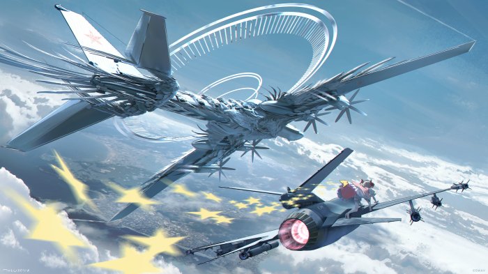 Anime girl on jet fighter with large alien aircraft