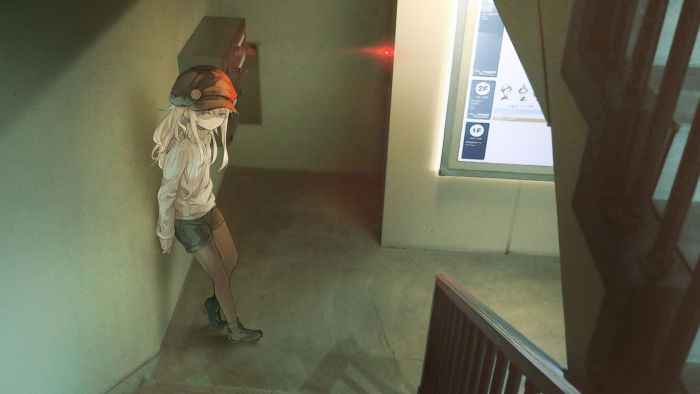 Anime girl in hat leaning against wall in hallway