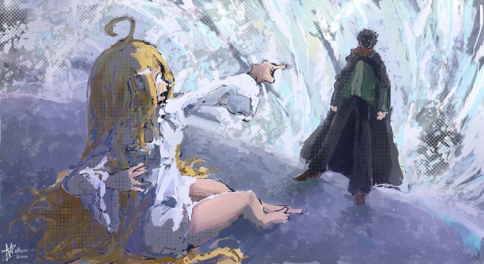 Emilia and Subaru in a snowy landscape