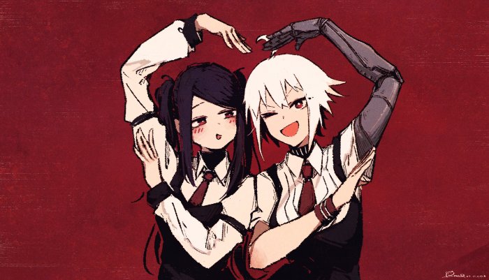 Two anime girls forming a heart with their hands