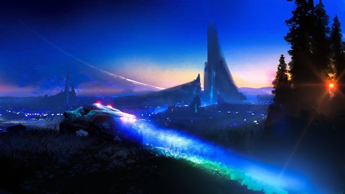 Sci-fi vehicle with blue lights in futuristic city