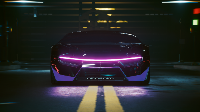 Cyberpunk car with purple accents and neon lights