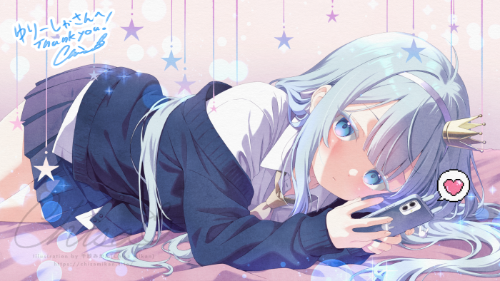 Anime girl with blue hair looking at phone, wearing school uniform