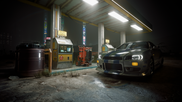 Nissan Skyline GT-R at a retro-futuristic gas station