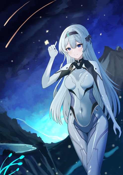 Anime girl in sci-fi suit under starry sky