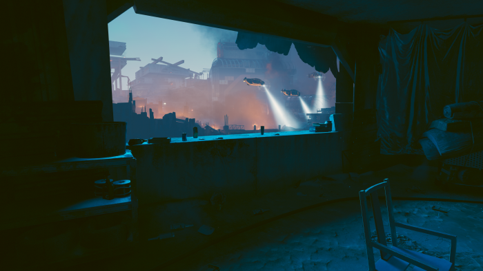 Cyberpunk city view from a ruined interior with flying vehicles