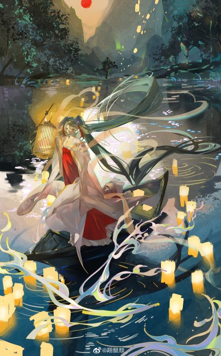 Anime girl in a boat with lanterns