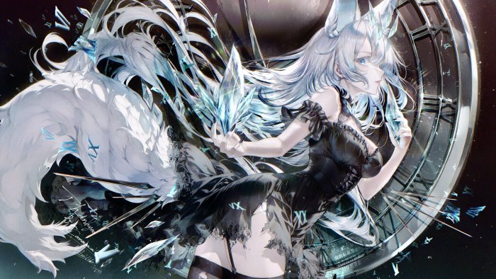 Anime girl with fox ears and tail holding crystals